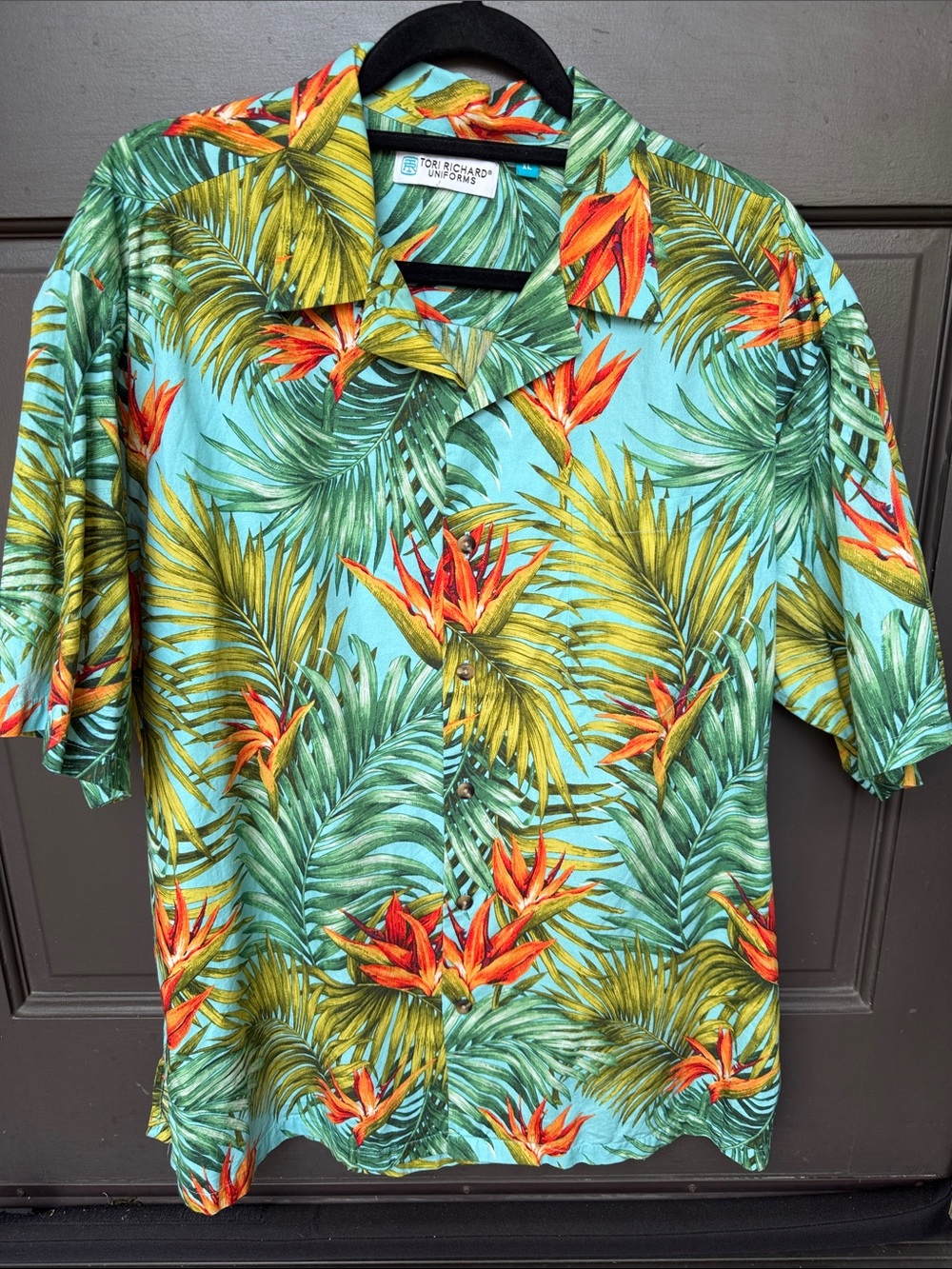 Tori Richard Uniforms Tropical Leaf & Orange Bird-of-Paradise Aloha Shirt - XL - Picture 8 of 9